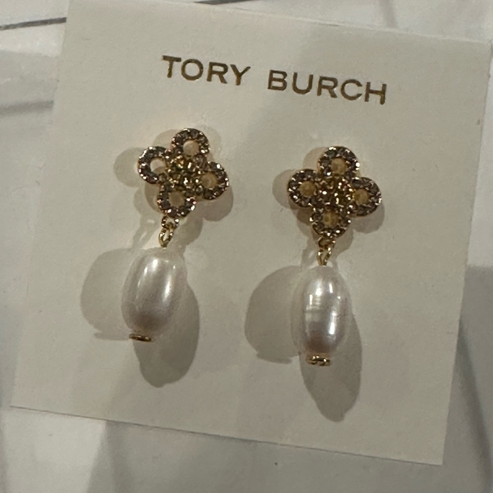 Tory Burch Gold and White Floral Pearl Earrings